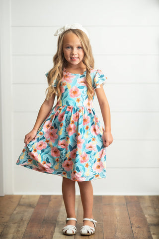 Pre-Order Girls Claire Teal and Pink Floral Dress