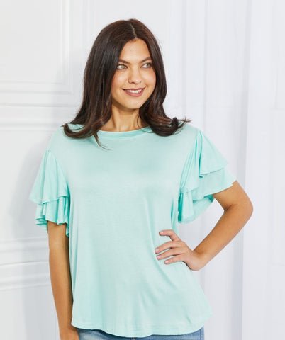 Round Neck Ruffle Sleeve Top in Blue