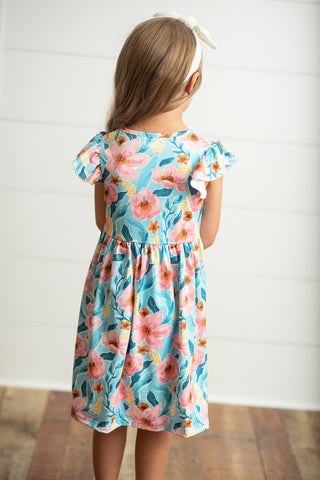 Pre-Order Girls Claire Teal and Pink Floral Dress