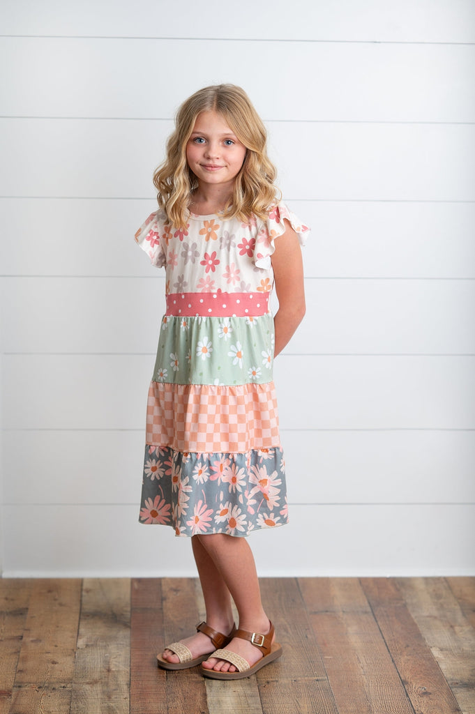 Pre-Order Girls Daisy & Checkered Tiered Dress