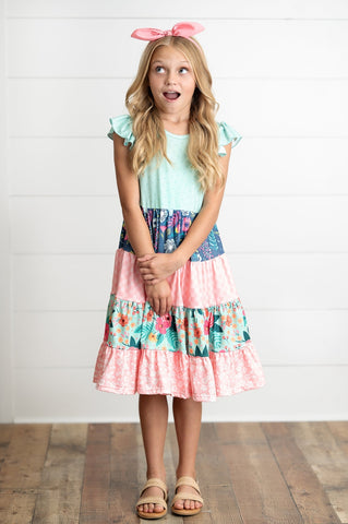 Pre-Order Girls Ava Coral and Mint Tiered Floral Dress