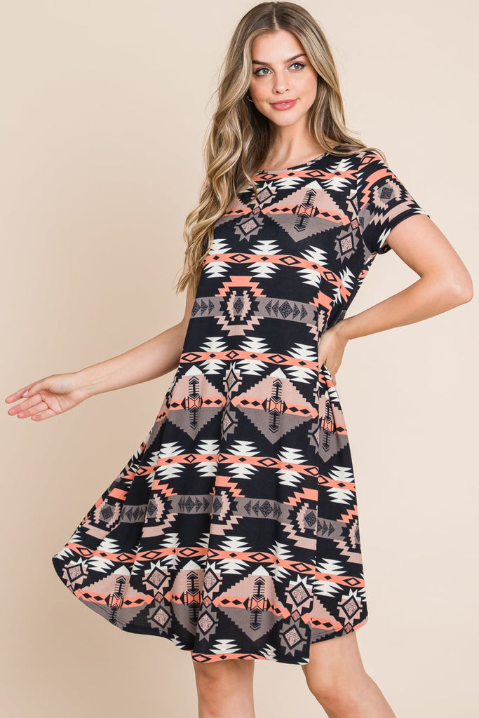 Aztec Print Comfy Dress in Black