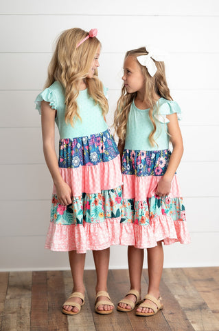 Pre-Order Girls Ava Coral and Mint Tiered Floral Dress