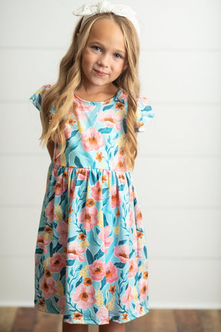 Pre-Order Girls Claire Teal and Pink Floral Dress