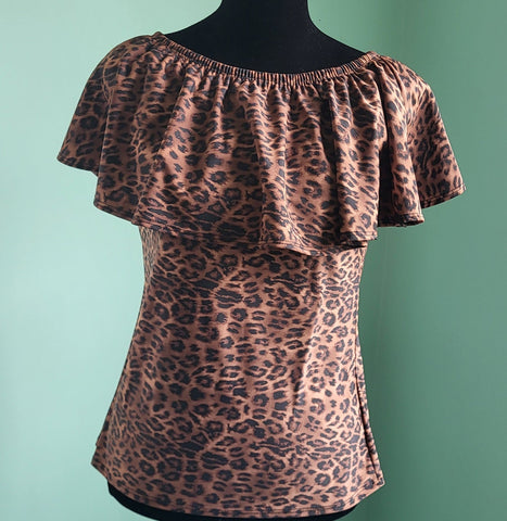 Size Large Dark Brown Leopard Print Ruffle Neck Swim Top with Cap Sleeves