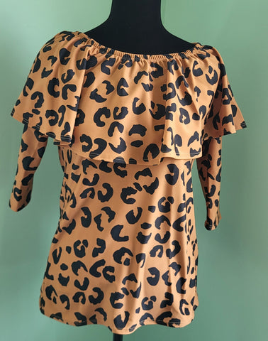 Size 3X Brown Leopard Print Ruffle Neck Swim Top