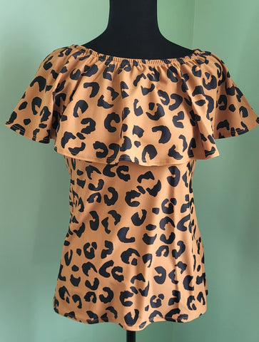 Size 3X Brown Leopard Print Ruffle Neck Swim Top