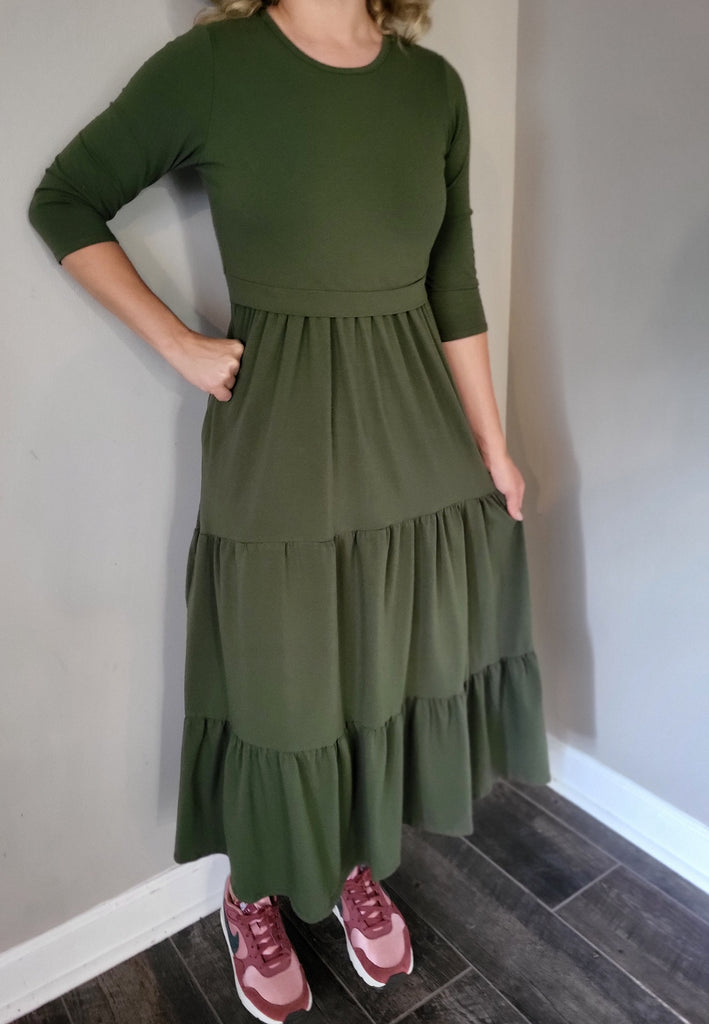 Cotton Round Neck Nursing Friendly Tiered Dress in Olive