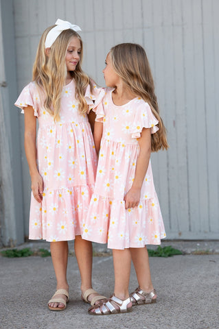 Pre-Order Girls Emma Daisy Pink Spring Flutter Sleeve Dress