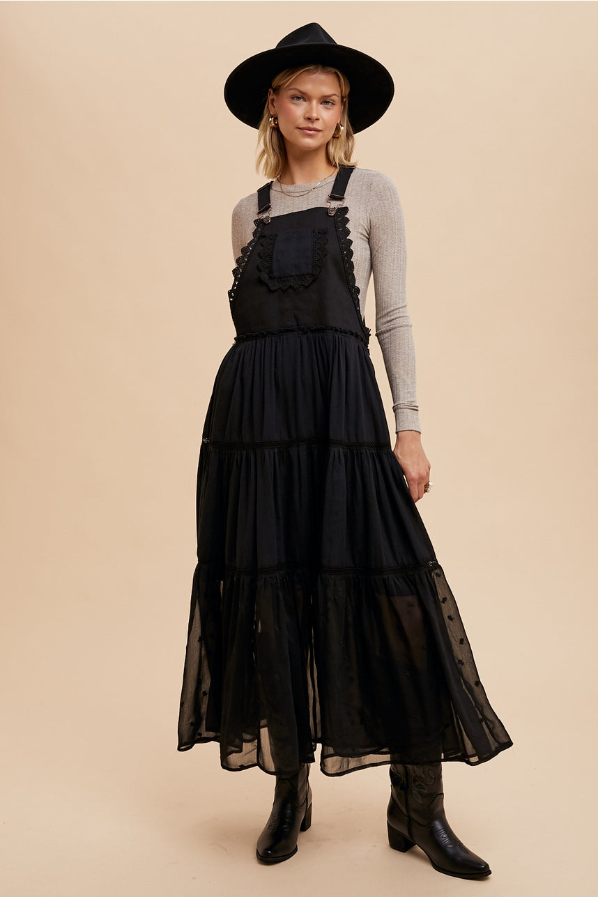 Lace Trimmed Overall Dress in Black