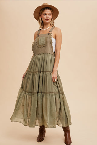 Lace Trimmed Overall Dress in Olive