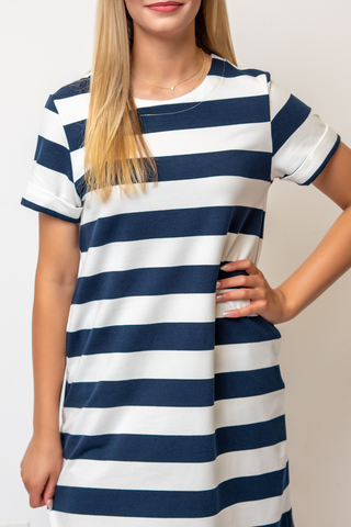 100% Cotton Striped Dress in Navy & White