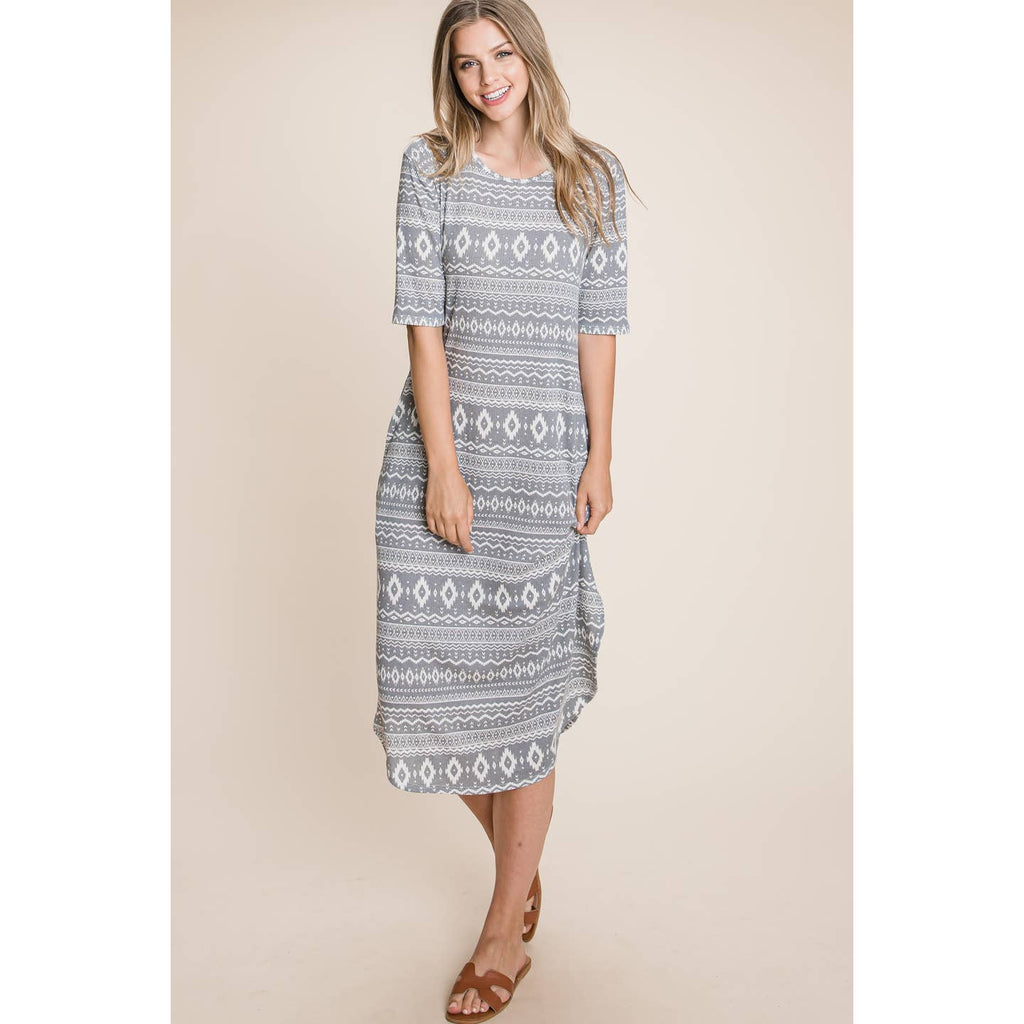 Gray Aztec Print Midi Length Dress