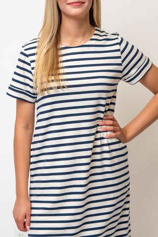 100% Cotton Striped Dress In Beige & Navy