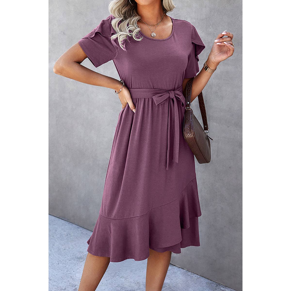 Mauve Ruffle Dress with Sash