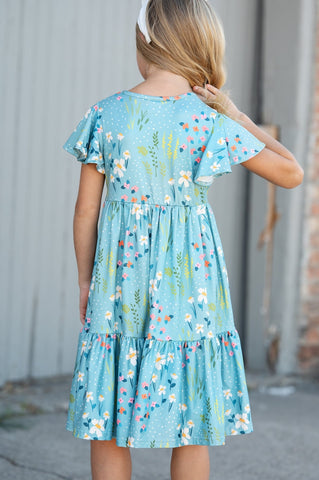 Pre-Order Girls Dainty Teal Spring Floral Willow Flutter Sleeve Dress