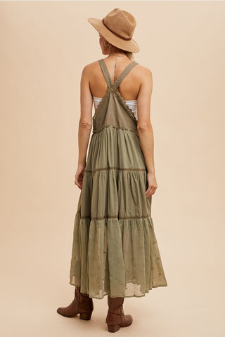 Lace Trimmed Overall Dress in Olive