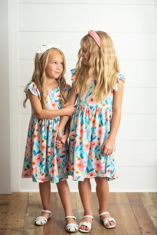 Pre-Order Girls Claire Teal and Pink Floral Dress