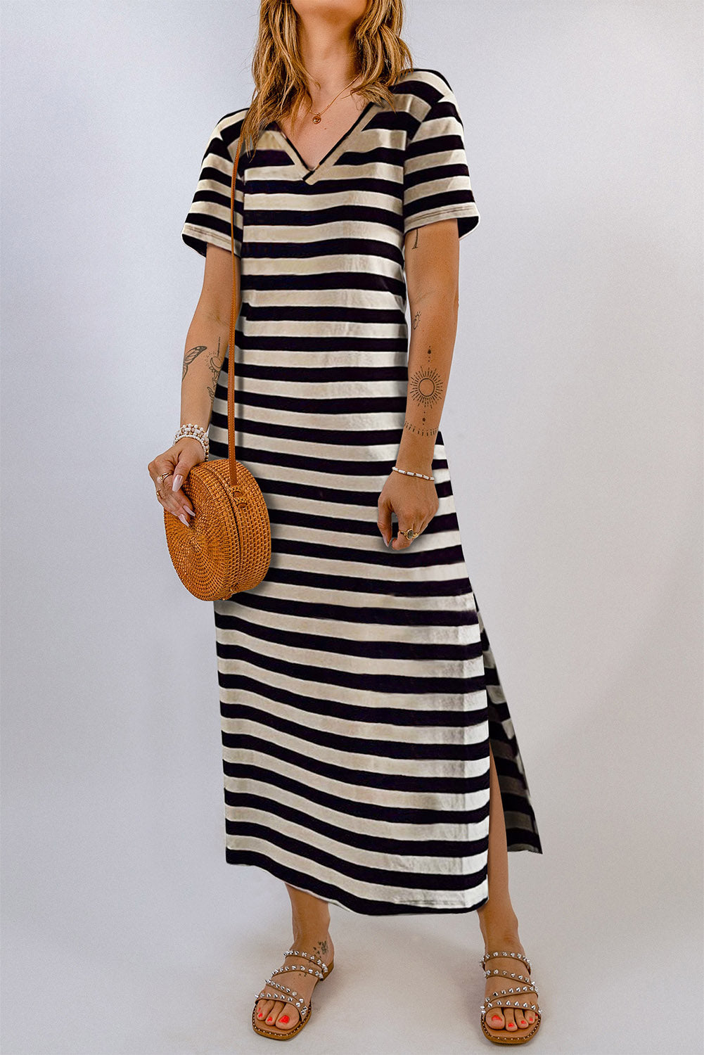 Pre-Order Striped V-Neck Short Sleeve Side Slit Dress