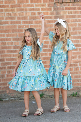 Pre-Order Girls Dainty Teal Spring Floral Willow Flutter Sleeve Dress