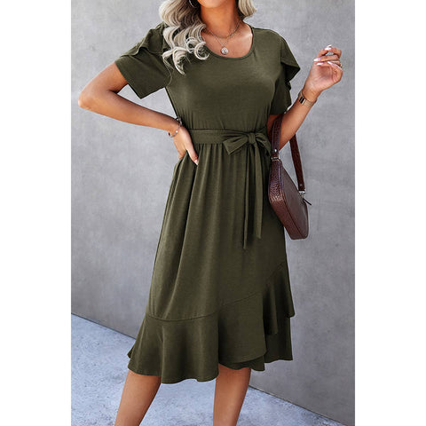 Olive Ruffle Dress with Sash