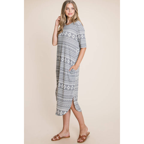 Gray Aztec Print Midi Length Dress