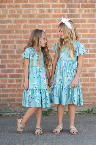 Pre-Order Girls Dainty Teal Spring Floral Willow Flutter Sleeve Dress