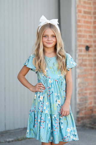 Pre-Order Girls Dainty Teal Spring Floral Willow Flutter Sleeve Dress