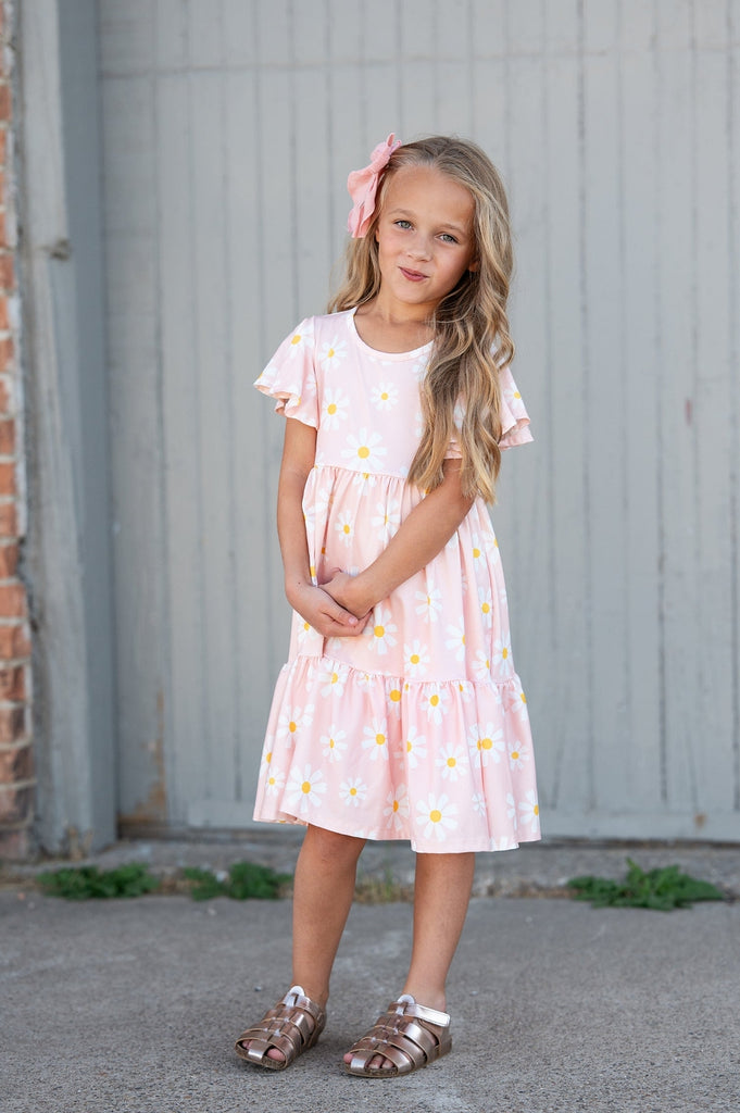 Pre-Order Girls Emma Daisy Pink Spring Flutter Sleeve Dress