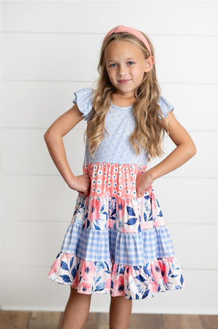 Pre-Order Girls Ava Periwinkle & Blue Tiered Floral Dress