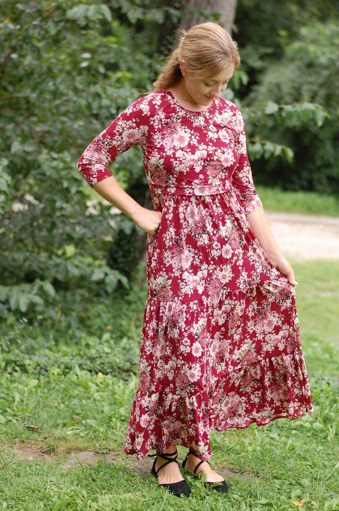 Customizable  Burgundy Blooms Tiered Nursing Friendly Dress