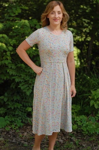 Sage Floral V-Neck Nursing Friendly Twirl Dress