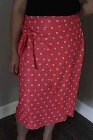 Coral Polka Dot Faux Wrap Style Swim Skirt with Built-in Shorts