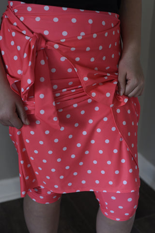 Coral Polka Dot Faux Wrap Style Swim Skirt with Built-in Shorts