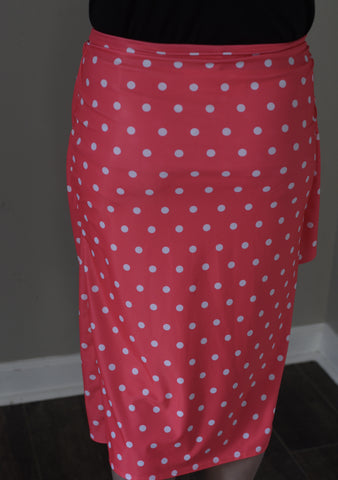 Coral Polka Dot Faux Wrap Style Swim Skirt with Built-in Shorts