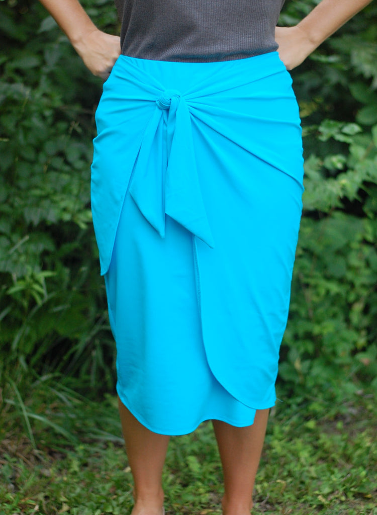 Aqua Blue Wrap/Sarong Style Swim Skirt with Built-in Shorts