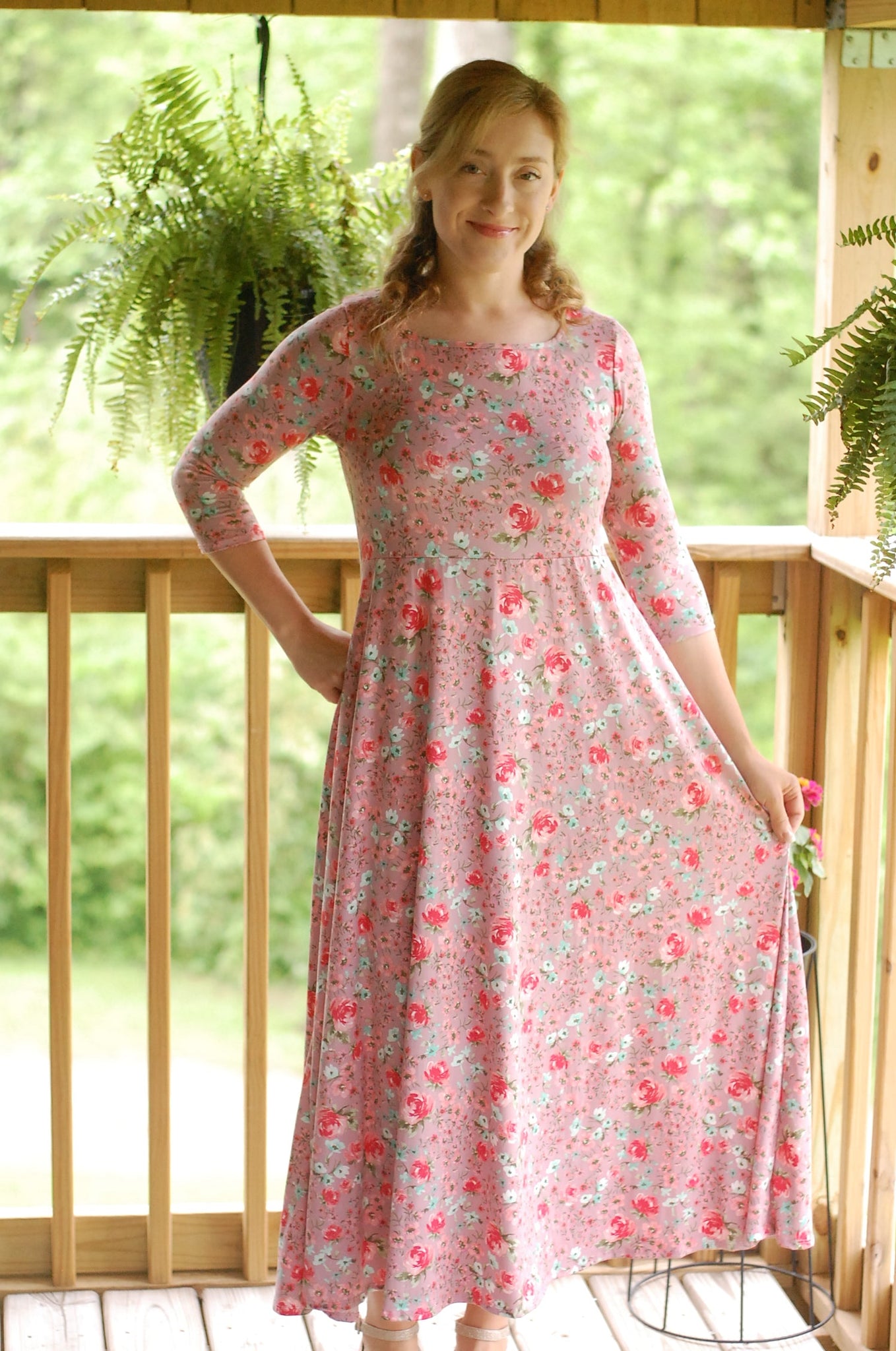 Blushing Blooms Mauve Floral Square Neck Twirl Dress