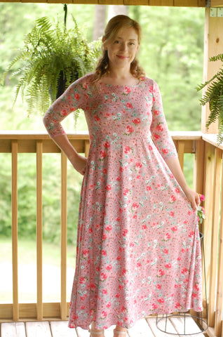 Blushing Blooms Mauve Floral Square Neck Twirl Dress