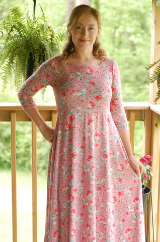 Blushing Blooms Mauve Floral Square Neck Twirl Dress