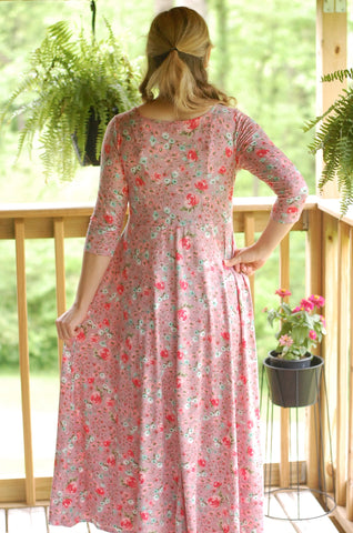 Blushing Blooms Mauve Floral Square Neck Twirl Dress