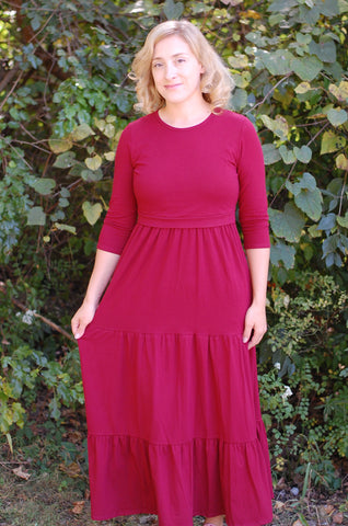 Cotton Round Neck Nursing Friendly Tiered Dress in Burgundy