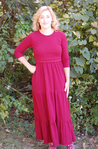 Cotton Round Neck Nursing Friendly Tiered Dress in Burgundy