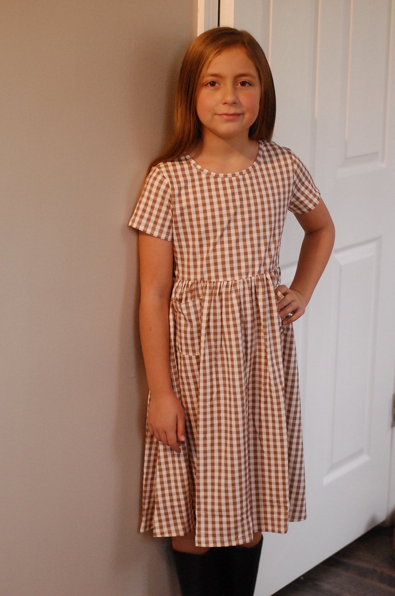 Girls Brown Gingham Front Pocket Dress