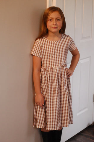Girls Brown Gingham Front Pocket Dress
