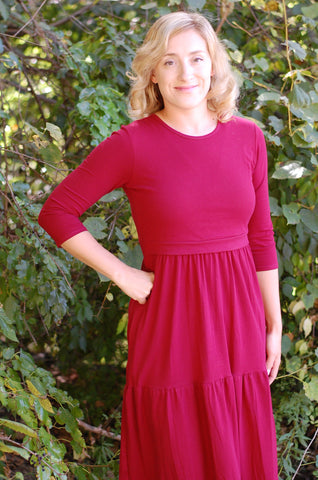 Cotton Round Neck Nursing Friendly Tiered Dress in Burgundy