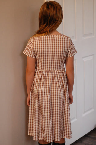 Girls Brown Gingham Front Pocket Dress