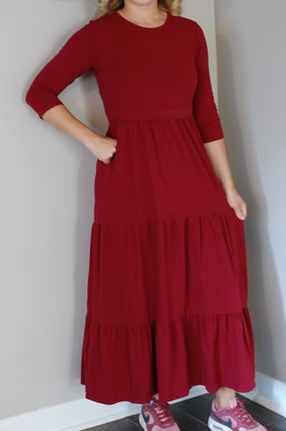 Cotton Round Neck Nursing Friendly Tiered Dress in Burgundy