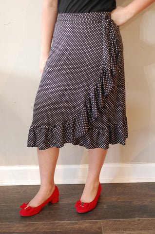 Black Polka Dot Faux Wrap Ruffle Skirt with Built in Shorts