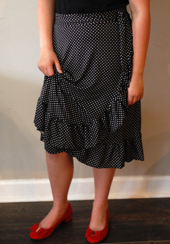 Black Polka Dot Faux Wrap Ruffle Skirt with Built in Shorts