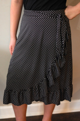 Black Polka Dot Faux Wrap Ruffle Skirt with Built in Shorts